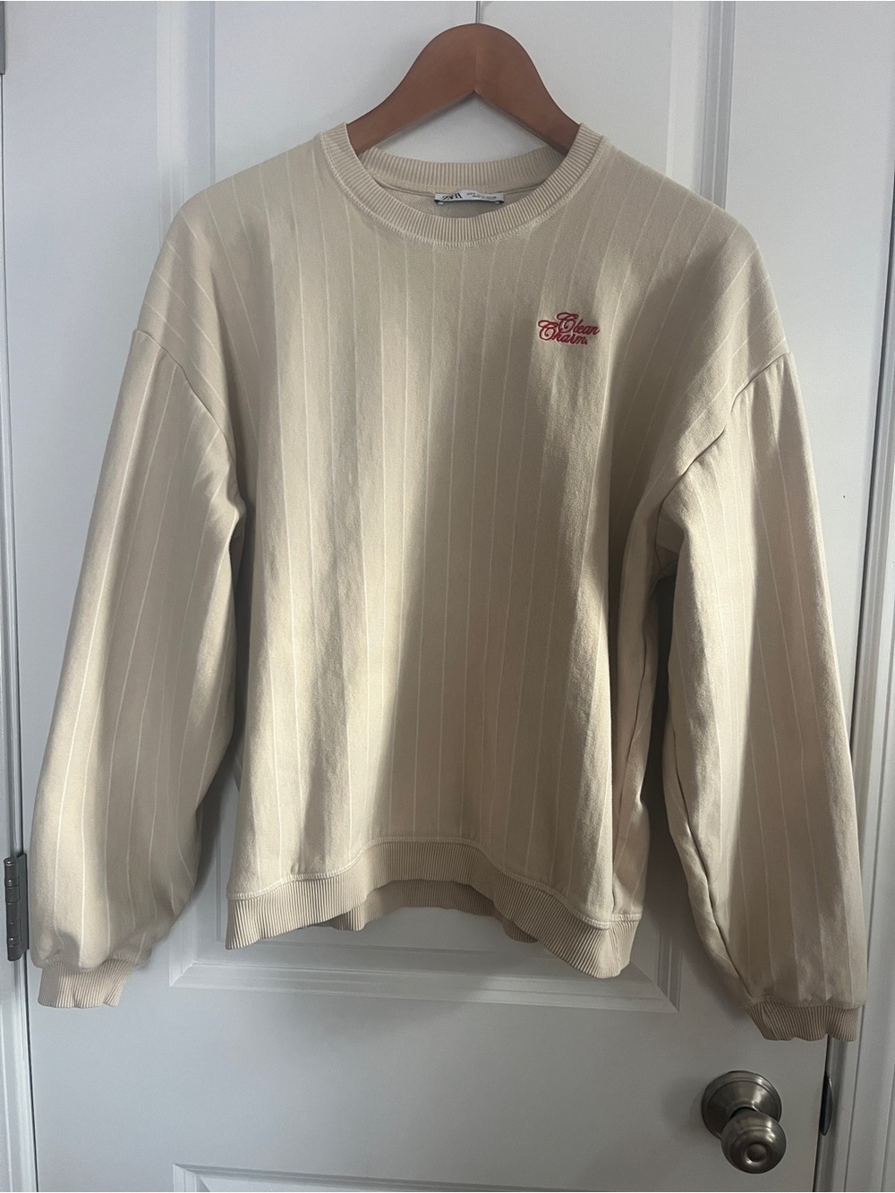 Zara Cream Pinstripe Crewneck Sweatshirt with Red Embroidery
